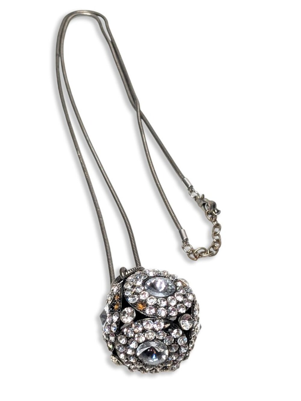 Vintage Gunmetal Clear Rhinestone Ball Sphere Pendant Long Snake Chain Necklace